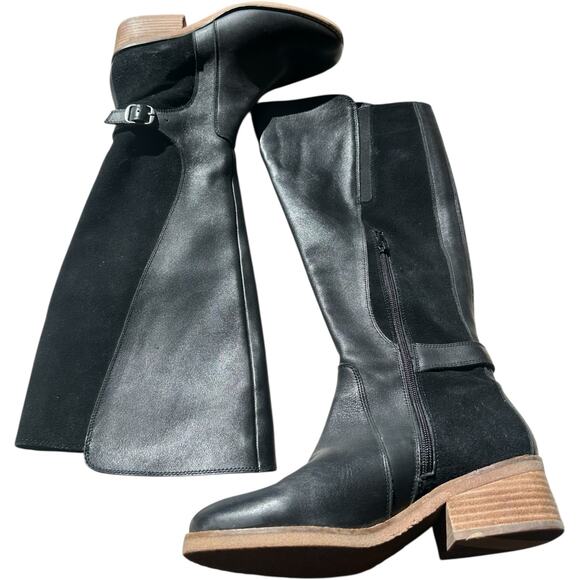 Lucky Brand Timinii Leather Tall Riding Boots Women 7.5 Black Suede Block Heel - Picture 2 of 15